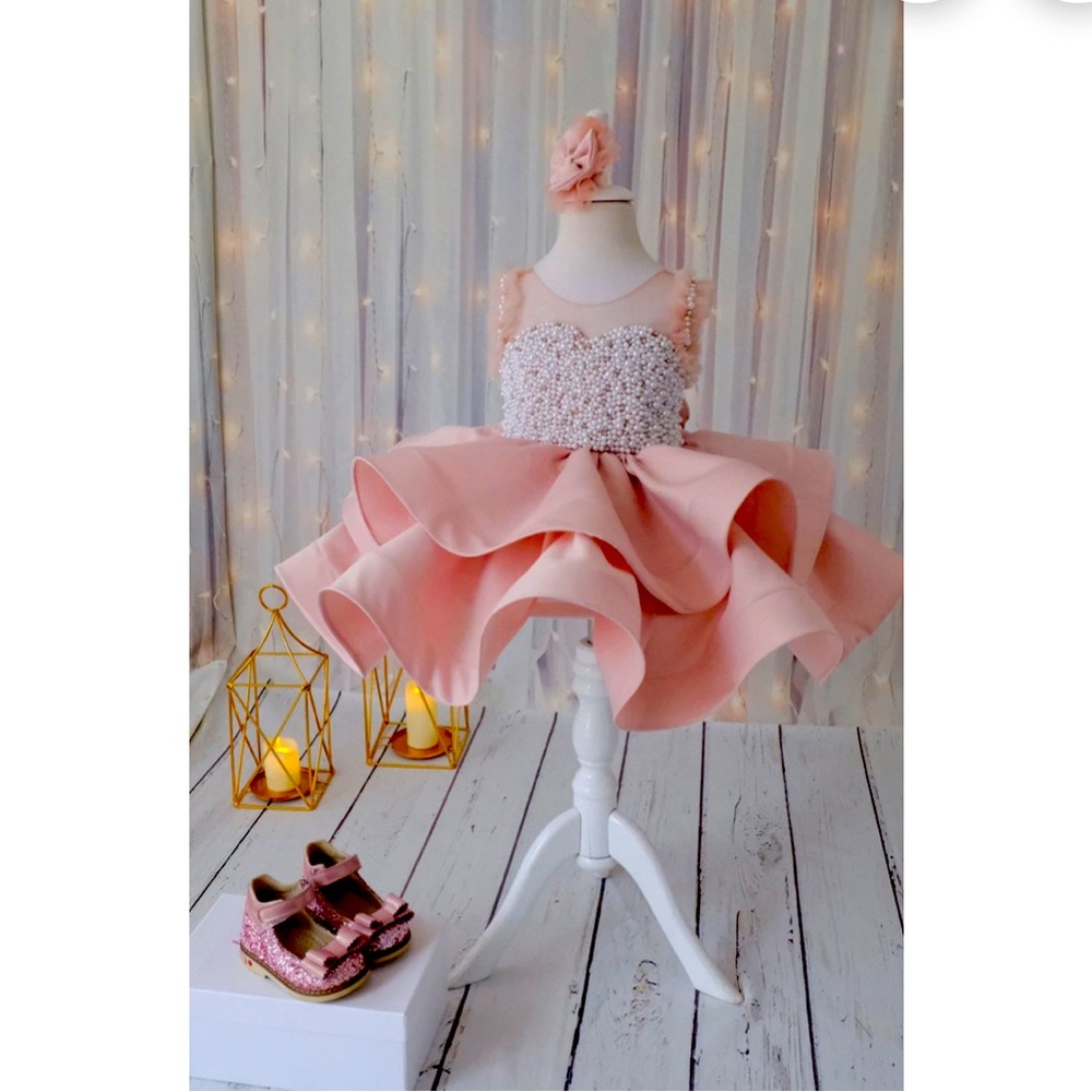 Pearl &  Rhinestone Baby Dress Pink